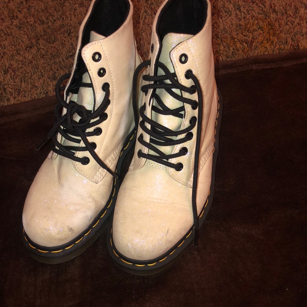 White dc martens with purple glitter tint